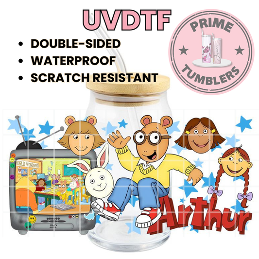Nickelodeon Arthur Tv show 16oz Libbey Glass Cup Wrap UVDTF, Ready to apply decal STICKERS