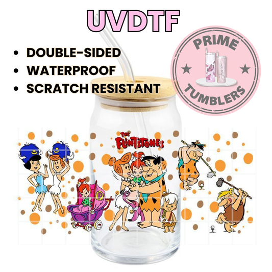Flintstone and Rubble Family Fred Barney Wilma Betty Pebbles Bamm-Bamm 16oz UVDTF cup wrap, ready to apply STICKERS on decal the flinstones TV show