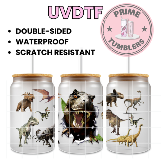Rex, Triceratops, Brontosaurus, and other Dinosaurs 16oz UVDTF cup wrap, ready to apply STICKERS UV decal