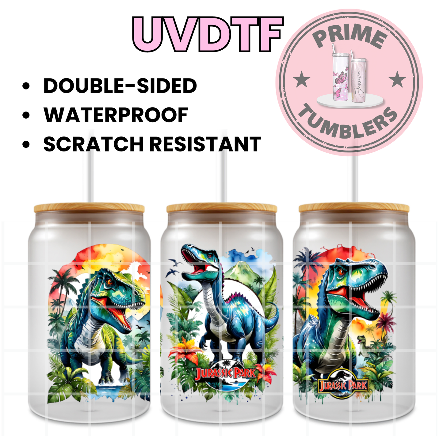 Dinosaurs Jurassic Park 16oz UVDTF cup wrap, ready to apply STICKERS UV decal