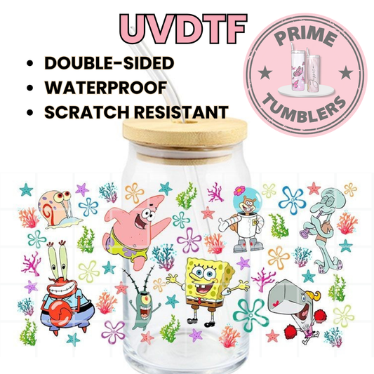 SpongeBob Square Pants, Patrick, Mr. Krabs, Plankton, Sandy, Squidward, Gary, and Pearl 16oz UVDTF cup wrap, ready to apply STICKERS Disney cartoon