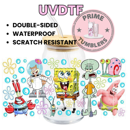 SpongeBob, Patrick Star, Squidward, Mr. Krabs, Gary, Plankton, and Sandy Cheeks 16oz UVDTF cup wrap, ready to apply STICKERS decal cartoon Nickelodeon