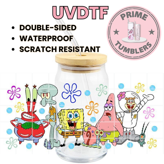 SpongeBob, Patrick Star, Squidward, Mr. Krabs, Gary, Plankton, and Sandy Cheeks 16oz UVDTF cup wrap, ready to apply STICKERS Disney cartoon