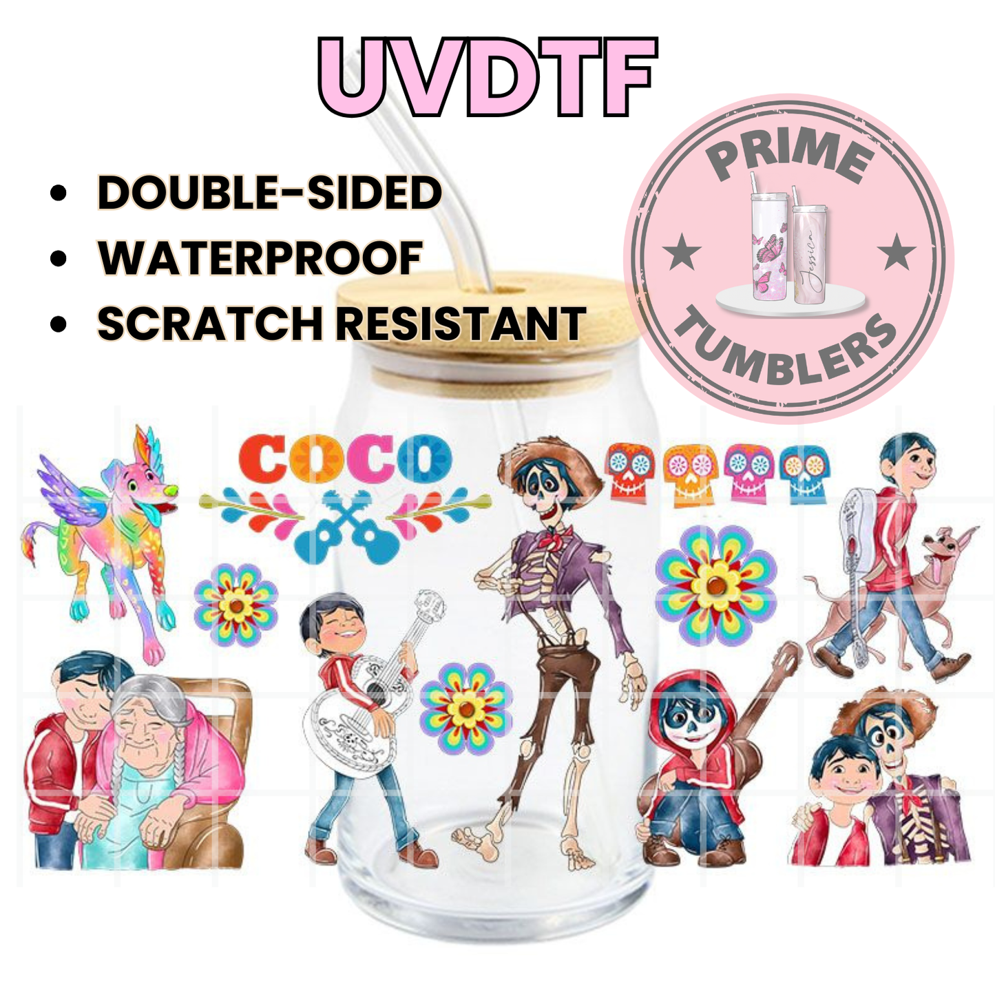 Miguel, Hector, Mama Coco, and the alebrije Pepita 16oz UVDTF cup wrap, ready to apply STICKERS decal MOVIE
