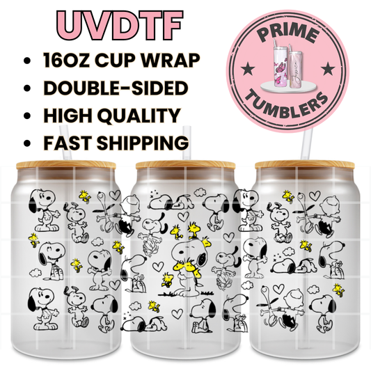 Snoopy with Woodstock black 16oz UVDTF cup wrap, ready to apply STICKERS Peanuts Store