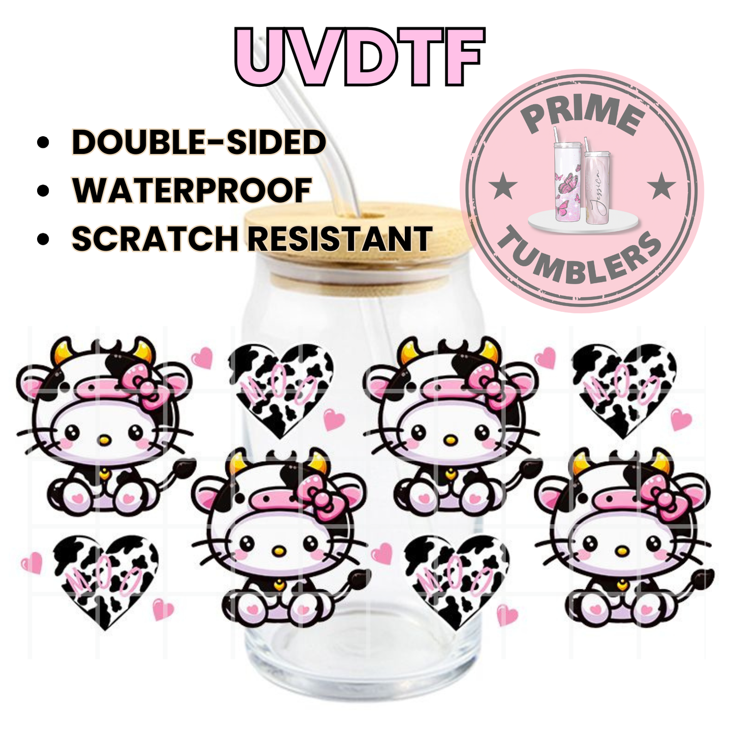 Cow Hello Kitty Moo heart 16oz UVDTF cup wrap, ready to apply STICKERS decal HK Kawaii Japanese