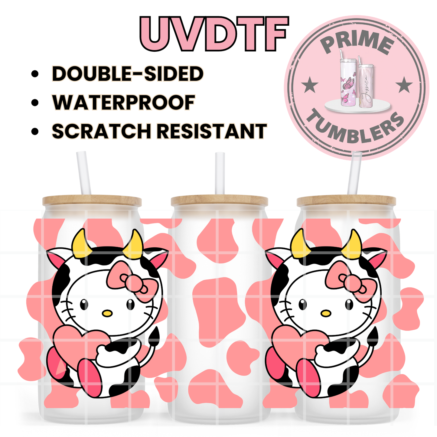 Cow Hello Kitty 16oz UVDTF cup wrap, ready to apply STICKERS decal HK Kawaii pink cow kitty print