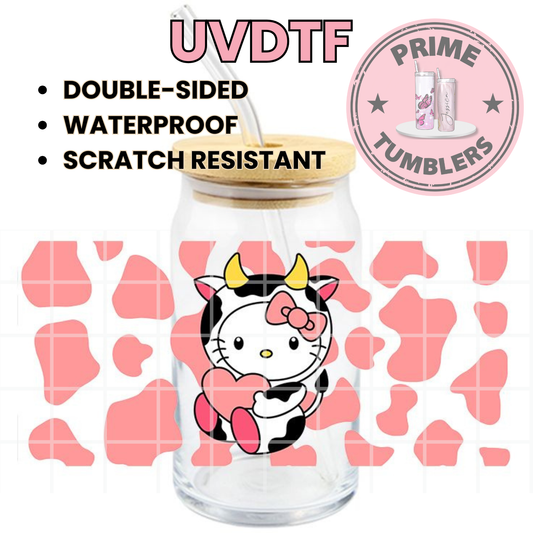 Cow Hello Kitty 16oz UVDTF cup wrap, ready to apply STICKERS decal HK Kawaii pink