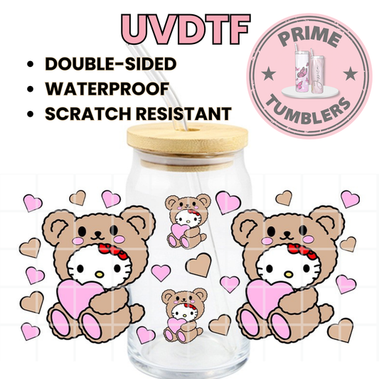 Bear costume pink heart Hello Kitty 16oz UVDTF cup wrap, ready to apply STICKERS decal HK Kawaii Japanese