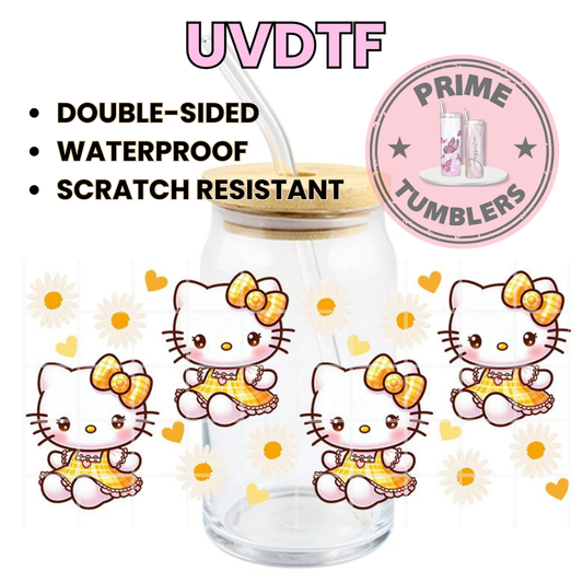 Sanrio yellow Hello Kitty white flowers 16oz UVDTF cup wrap, ready to apply STICKERS decal HK Kawaii Japanese