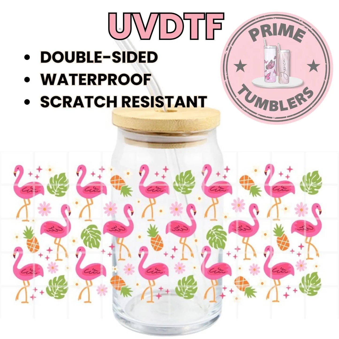 Pink flamingos, pineapples, and tropical leaves 16oz UVDTF cup wrap, ready to apply STICKERS decals
