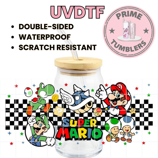 SUPER MARIO, Luigi, Yoshi, Blue Koopa Shell, Super Mushroom, Toad, and Question Block video game 16oz UVDTF cup wrap, ready to apply STICKER Decal checker
