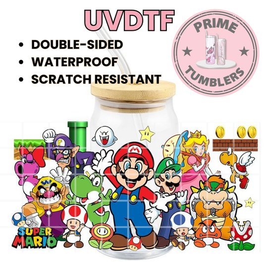 Super Mario, Luigi, Princess Peach, Yoshi, Toad, Bowser, Waluigi, Wario, and Boo video game 16oz UVDTF cup wrap, ready to apply STICKER Decal