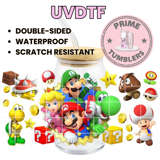 Super Mario, Luigi, Princess Peach, Yoshi, Toad, Goomba, Spiny, and Koopa Troopa video game 16oz UVDTF cup wrap, ready to apply STICKER Decal Mushrooms, Super Stars, Question Mark and Blocks