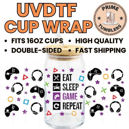 EAT SLEEP GAME REPEAT video game 16oz UVDTF cup wrap, ready to apply STICKER Decal gamers