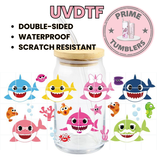 Baby Shark, Mommy Shark, Daddy Shark, Grandma Shark, and Grandpa Shark, and sea creatures 16oz UVDTF cup wrap, ready to apply STICKER Decal