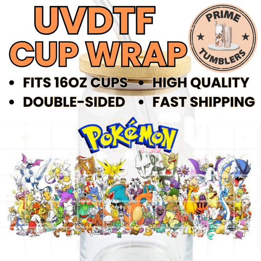 POKEMON Pikachu, Charmander, Squirtle, Bulbasaur, Charizard, Gyarados, Zapdos and many other characters 16oz UVDTF cup wrap, ready to apply STICKERS Decal Poké Balls Monsters