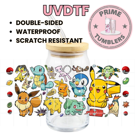 POKEMON characters Pikachu, Eevee, Squirtle, Bulbasaur, Mew 16oz UVDTF cup wrap, ready to apply STICKERS Decal Poké Balls