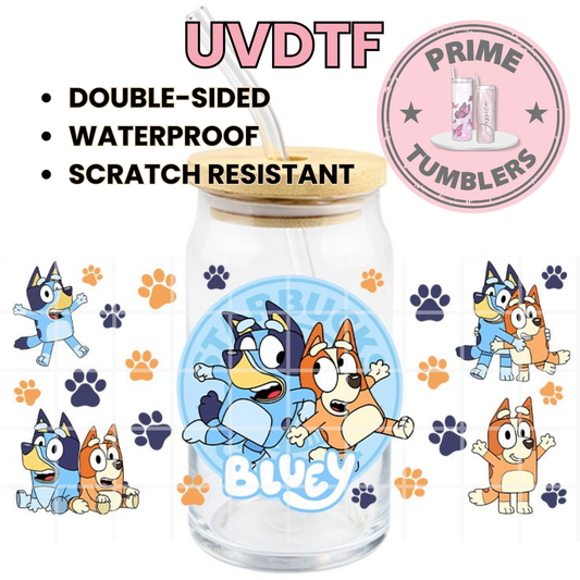 Bluey and Bingo Coffee paws 16oz UVDTF cup wrap, ready to apply STICKERS Dogs blue puppy