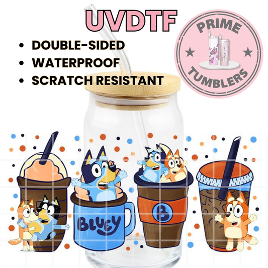 Bluey and Bingo iced coffee cups 16oz UVDTF cup wrap, ready to apply STICKERS blue Dogs