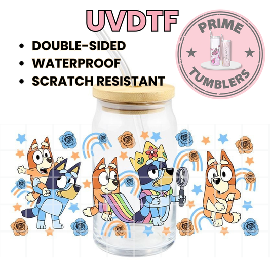 Bluey, Bingo, Bandit and Chilli Heeler 16oz UVDTF cup wrap, ready to apply STICKERS Blue Dogs Australian animate puppy