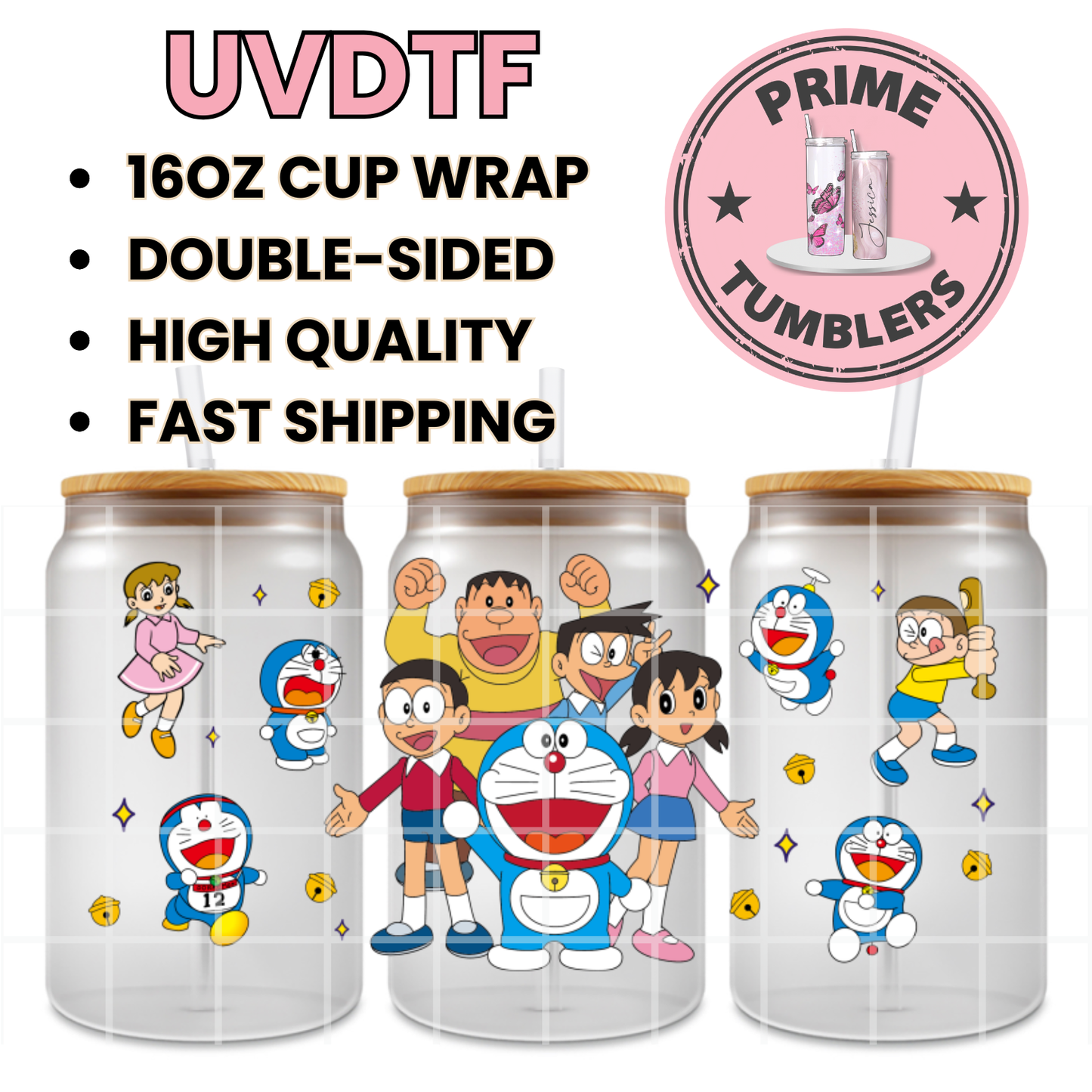 Japanese manga anime Doraemon Nobita Nobi Shizuka Minamoto Takeshi "Gian" Goda Suneo Honekawa 16oz UVDTF cup wrap, ready to apply STICKERS Decals
