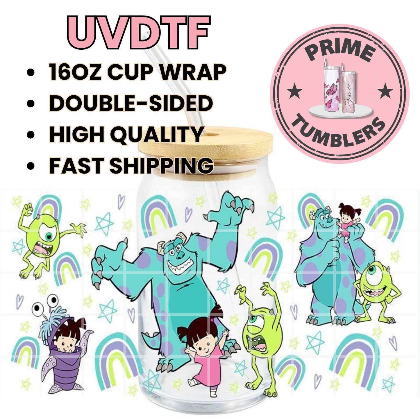Disney Monsters Inc movie 16oz UVDTF cup wrap, ready to apply STICKERS Decals James P. Sullivan, Mike Wazowski, and Boo