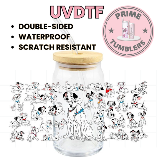 One Hundred and One Dalmatians 16oz UVDTF cup wrap, ready to apply STICKERS 101 Dogs puppies villain Cruella De Vil