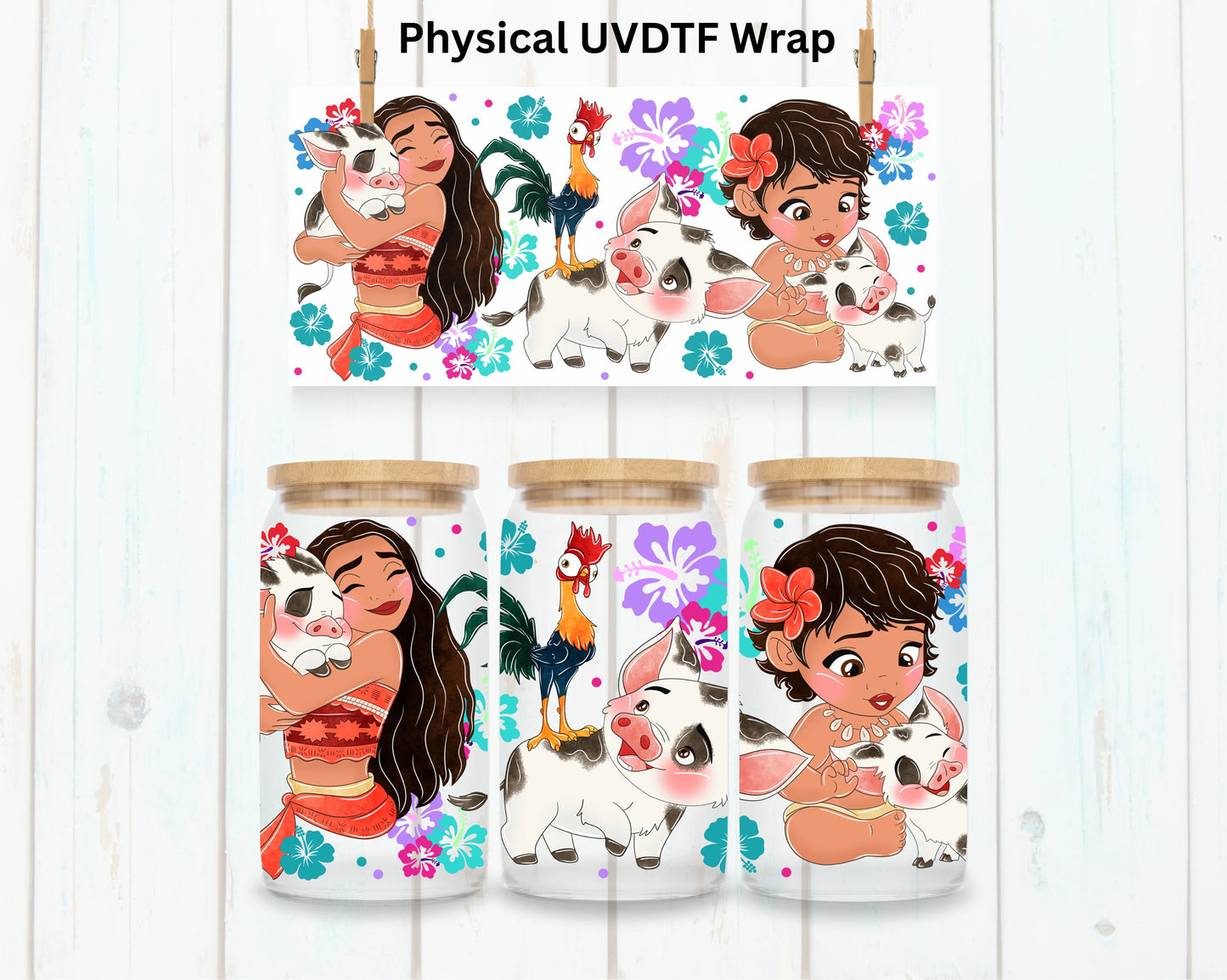 Simea, Moana pot-bellied PIG Pua and rooster Heihei movie girls 16oz UVDTF cup wrap, ready to apply STICKERS Disney