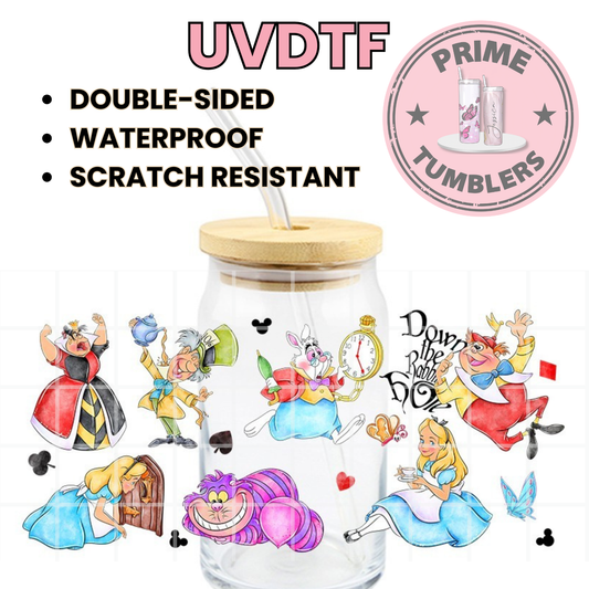 Disney's Alice in Wonderland 16oz UVDTF cup wrap, ready to apply STICKERS Alice, White Rabbit, Mad Hatter, Cheshire Cat, and Queen of Hearts