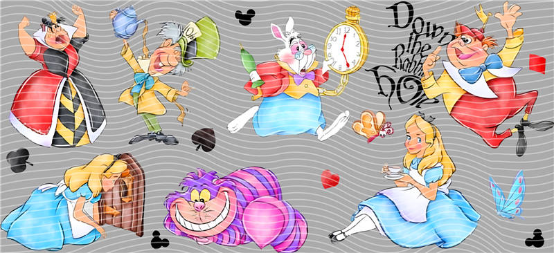 Disney's Alice in Wonderland 16oz UVDTF cup wrap, ready to apply STICKERS Alice, White Rabbit, Mad Hatter, Cheshire Cat, and Queen of Hearts