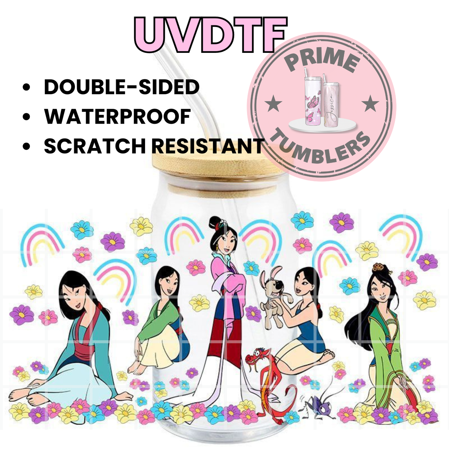 MULAN movie 16oz UVDTF cup wrap, ready to apply STICKERS decals Mulan, Mushu and Cri-Kee