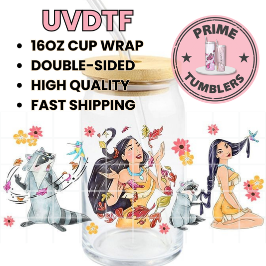 Disney character Pocahontas flowers 16oz UVDTF cup wrap, ready to apply STICKERS decal Meeko raccoon and Flit hummingbird
