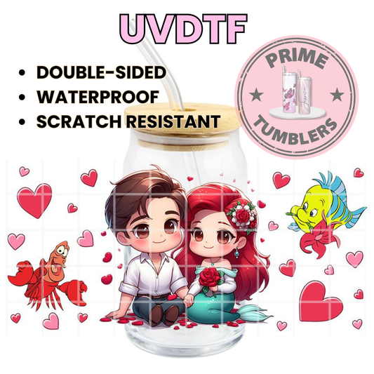Disney's The Little Mermaid movie  16oz glass can UVDTF cup wrap, ready to apply STICKERS decals Ariel and Prince Eric, along with their friends Flounder and Sebastian KAWAII