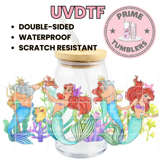 Disney's The Little Mermaid 16oz glass can UVDTF cup wrap, ready to apply STICKERS decals King Triton, Flounder, Sebastian the crab, and Ariel father daughter of kingdom of Atlantica