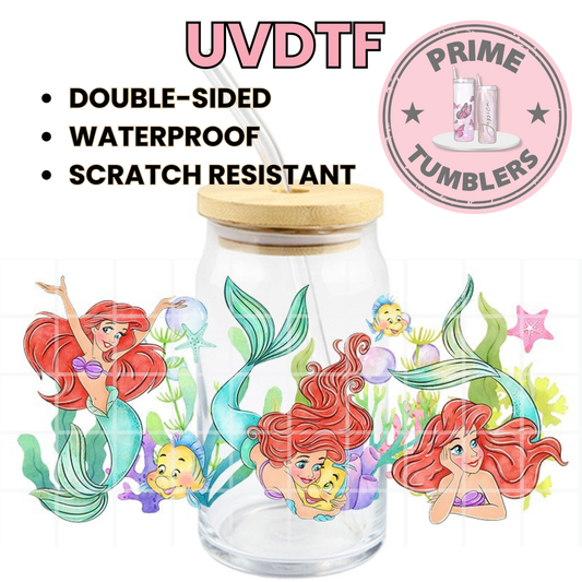 Disney's The Little Mermaid movie  16oz glass can UVDTF cup wrap, ready to apply STICKERS decals Ariel and Flounder sirenita