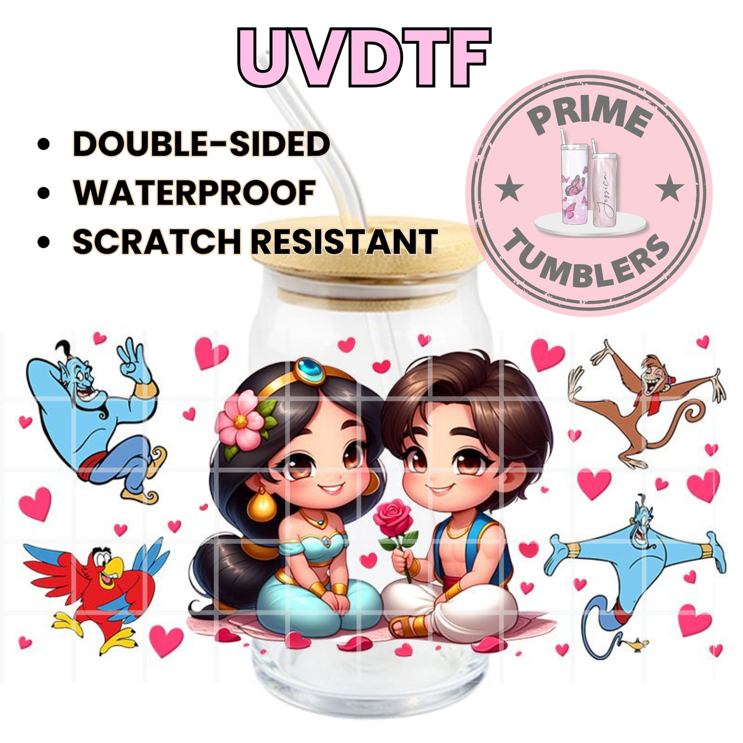 Disney movie Aladdin magic carpet 16oz UVDTF cup wrap, ready to apply STICKERS decals Princess Jasmine, Aladdin, Abu the monkey, and Genie Kawaii