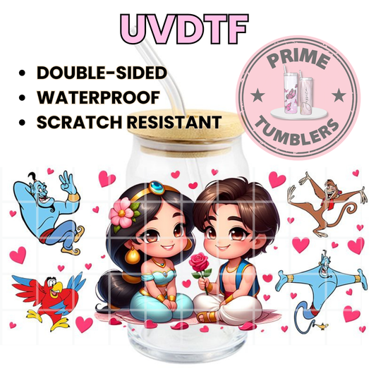 Disney movie Aladdin magic carpet 16oz UVDTF cup wrap, ready to apply STICKERS decals Princess Jasmine, Aladdin, Abu the monkey, and Genie Kawaii