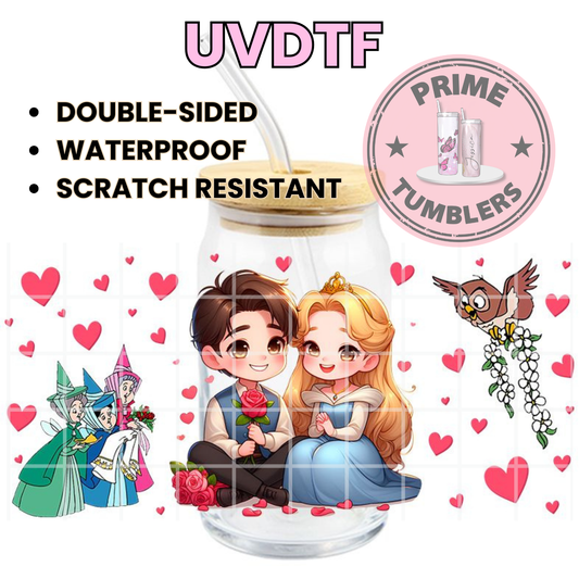 Disney's Sleeping Beauty 16oz glass can UVDTF cup wrap, ready to apply STICKERS Princess Aurora, Prince Phillip and fairies Flora, Fauna, and Merryweather