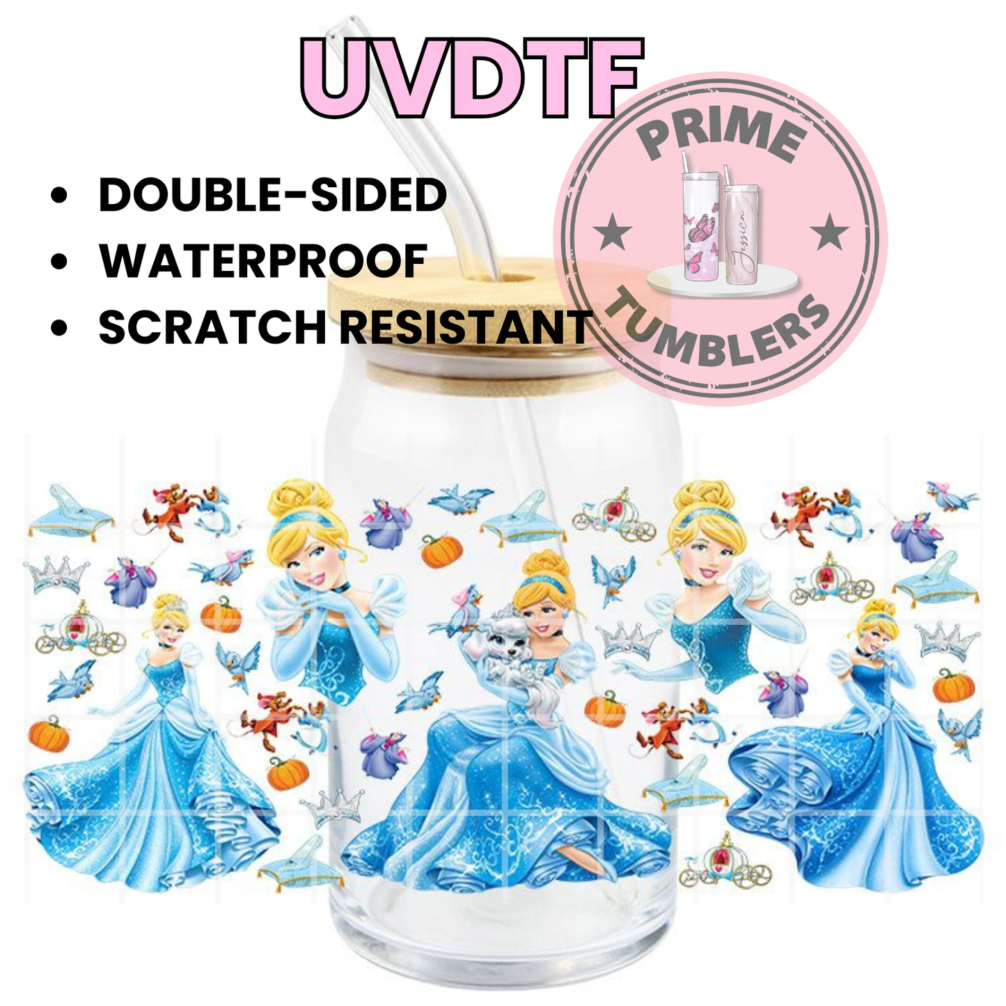 Disney princess Cinderella 16oz glass can UVDTF cup wrap, ready to apply STICKERS pumpkin carriage