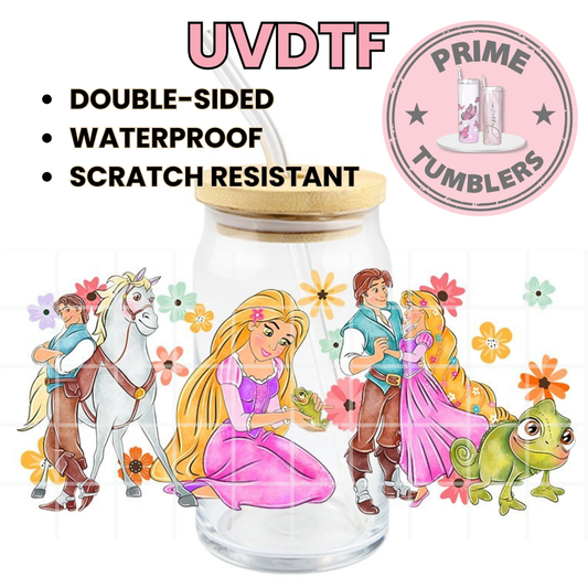 Disney movie Tangled 16oz glass can UVDTF cup wrap, ready to apply STICKERS decal Princess Rapunzel, Pascal the chameleon, Maximus the horse and Flynn Rider (Eugene Fitzherbert)