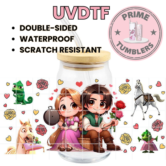 Disney movie Tangled 16oz glass can UVDTF cup wrap, ready to apply STICKERS decal Rapunzel, Flynn Rider, Pascal, and Maximus Kawaii