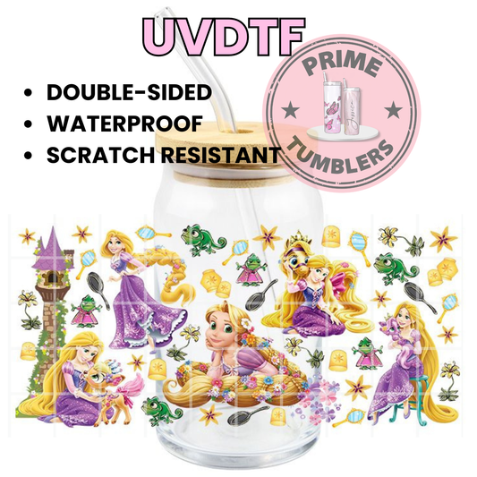 Disney movie Tangled 16oz glass can UVDTF cup wrap, ready to apply STICKERS decal Rapunzel, Pascal the chameleon, and Maximus the horse