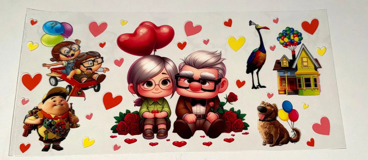 Disney-Pixar movie UP Carl, Ellie Fredricksen, Russell, Dug and Kevin 16oz Libbey Glass Cup Wrap UVDTF, Ready to apply decal STICKERS Adventure House Balloons