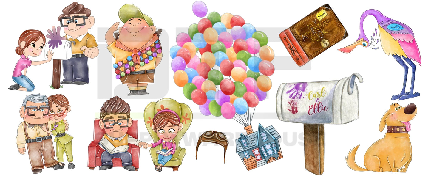 Disney-Pixar movie UP Carl Fredricksen and Ellie, Russell, Dug and Kevin 16oz Libbey Glass Cup Wrap UVDTF, Ready to apply decal STICKERS Adventure House Balloons Book Mailbox