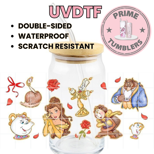 Disney Princess movie Beauty Belle and the Beast 16oz Libbey Glass Cup Wrap UVDTF, Ready to apply decal STICKERS red roses Mrs. Potts, Chip, Lumière, and Cogsworth