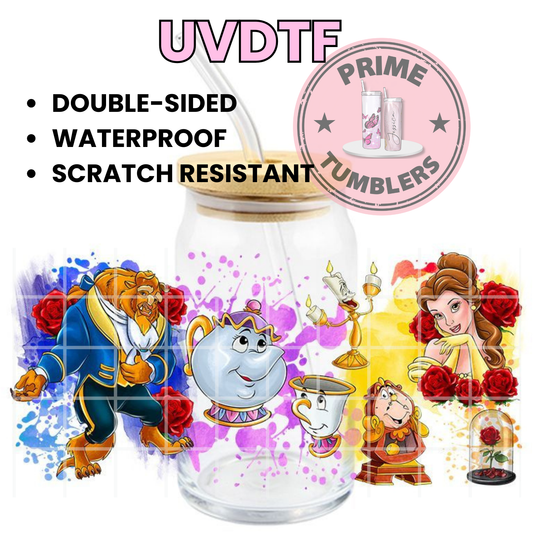 Disney Princess movie Beauty Belle and the Beast 16oz Libbey Glass Cup Wrap UVDTF, Ready to apply decal STICKERS red roses glass dome Mrs. Potts, Chip Cogsworth and Lumière