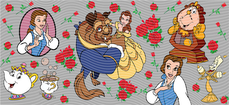 Disney movie Beauty Belle and the Beast 16oz Libbey Glass Cup Wrap UVDTF, Ready to apply decal STICKERS Princess, Cogsworth, Lumière, Mrs. Potts, and Chip