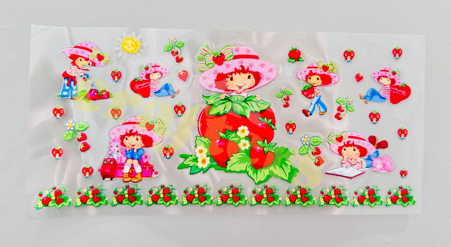 Strawberry Shortcake pink 16oz Libbey Glass Cup Wrap UVDTF, Ready to apply decal STICKERS strawberries