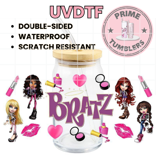 Bratz fashion dolls 16oz Libbey Glass Cup Wrap UVDTF, Ready to apply decal STICKERS Cloe, Sasha, Yasmin and Jade